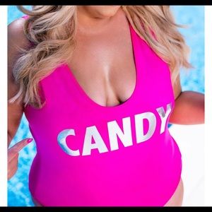 Boohoo bright pink CANDY one piece swim suit.